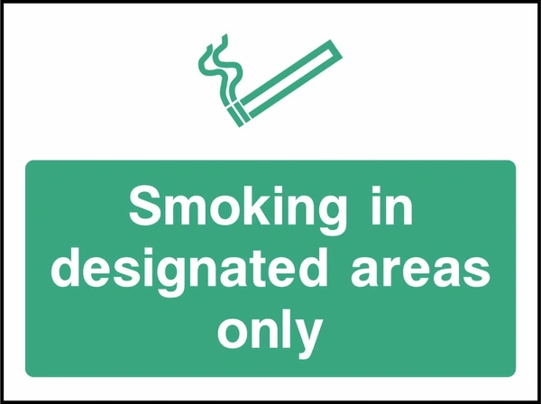 Smoking in designated areas only sign. green smoking or vaping pictogram and wording panel. Artwork SMOK0086.