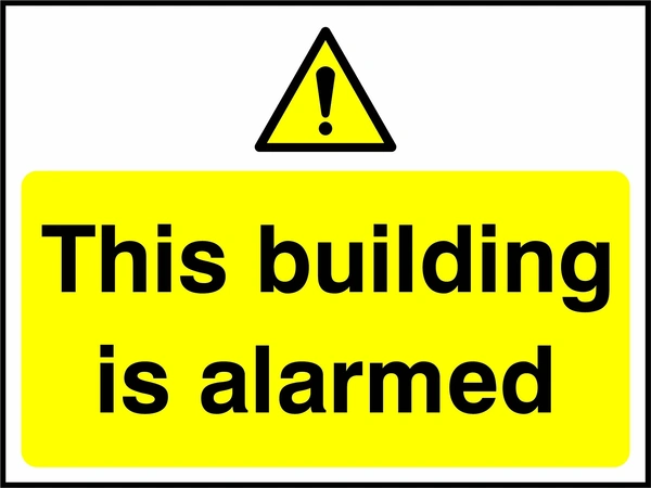 This building is alarmed sign. yellow pictogram and text panel. Artwork SECU0055.