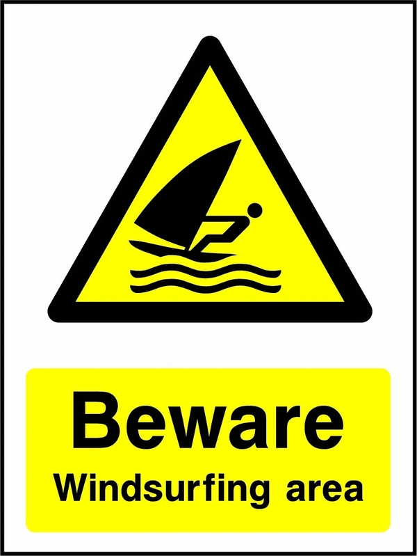 Beware — Windsurfing area sign showing a yellow warning triangle above the printed water or coastal hazard message. Artwork WATE0033.