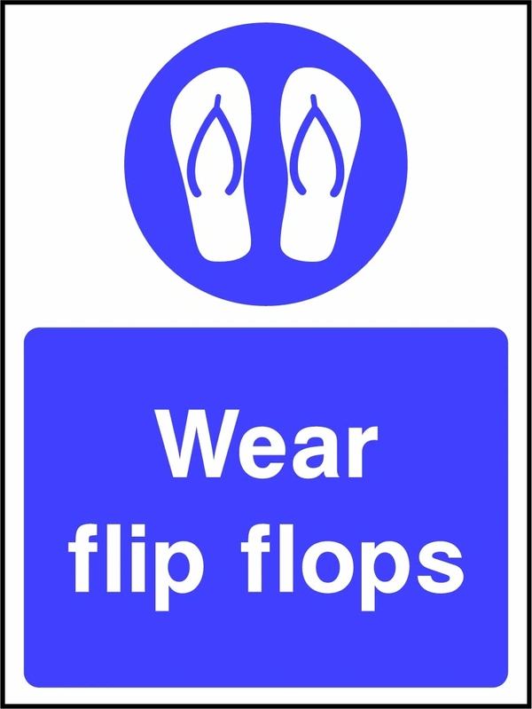 Wear flip flops sign showing a blue instruction pictogram above the printed wording. Artwork WATE0054.