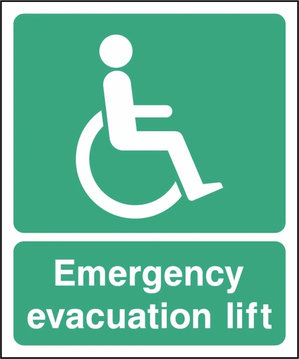 Emergency evacuation lift sign showing wheelchair symbol. Artwork EMER0080.