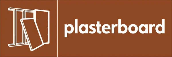 Plasterboard recycling sign showing material illustration with white wording on brown. Artwork BUIL0009.