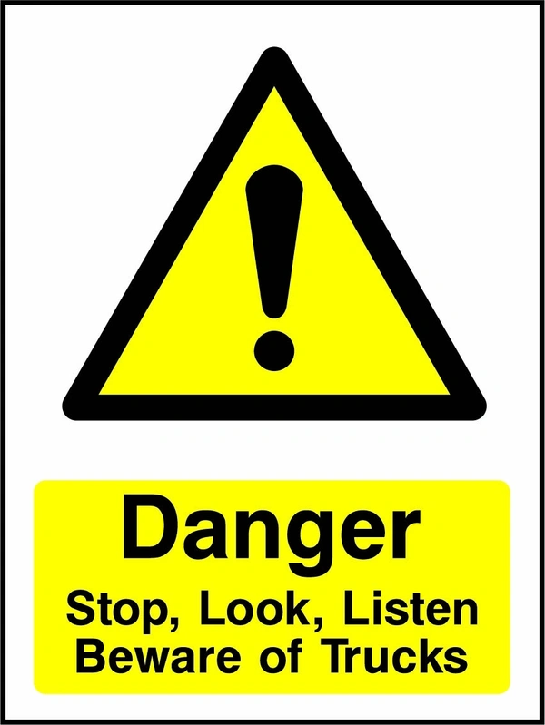 Danger — Stop, Look, Listen — Beware of Trucks sign showing yellow exclamation warning pictogram above wording. Artwork GENE0053.