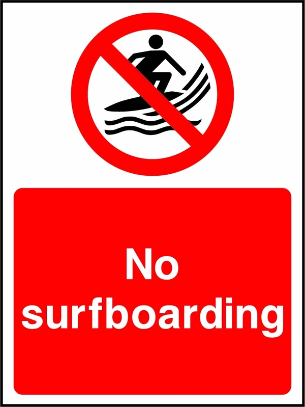 No surfboarding sign showing a red prohibition pictogram above the printed instruction. Artwork WATE0011.