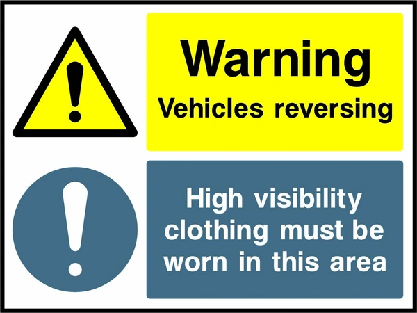 Warning — Vehicles reversing — High visibility clothing must be worn in this area sign showing the supplied warning, instruction and information panels. Artwork GARA0032.