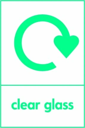 Clear glass recycling sign showing recycling arrow and wording on a green on white portrait panel. Artwork GLAS0026.