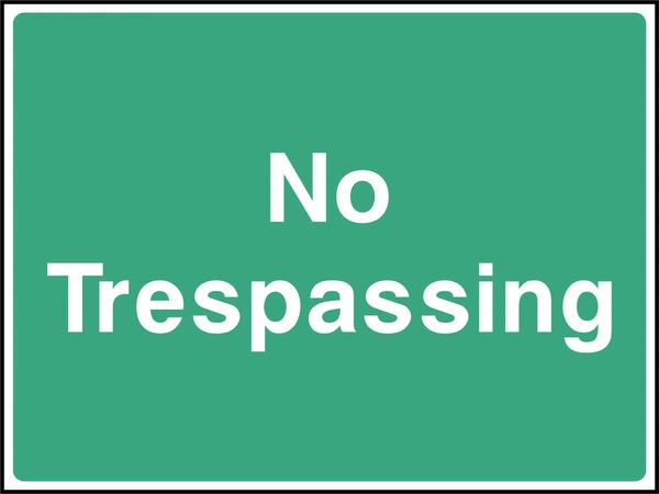 No trespassing sign showing white wording on a green panel. Artwork COUN0083.