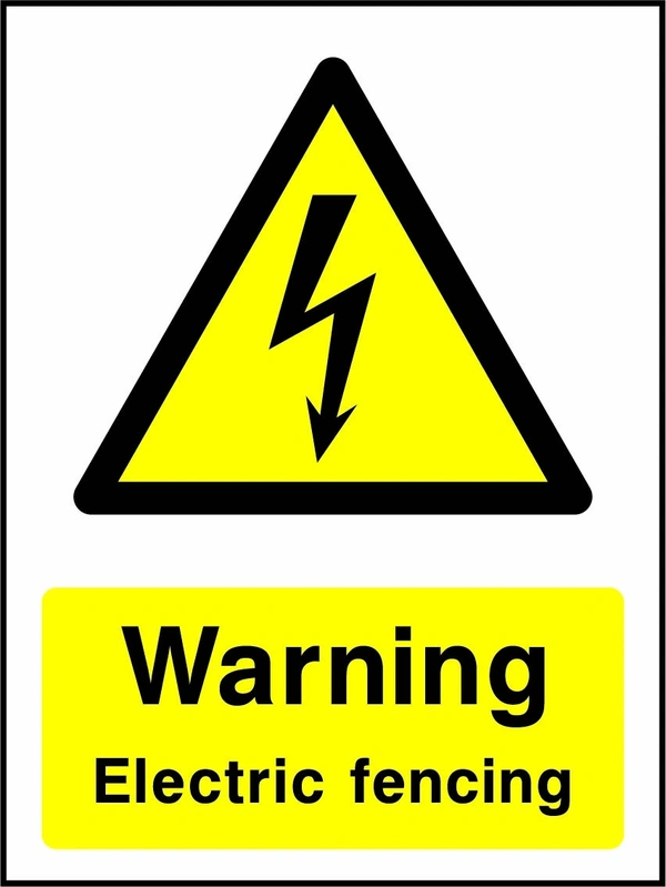 Warning — Electric fencing sign showing yellow electric-shock warning triangle above wording. Artwork COUN0055.