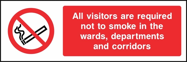 All visitors are required not to smoke in the wards, departments and corridors sign. red cigarette or naked-flame prohibition pictogram beside a red wording panel. Artwork SMOK0028.
