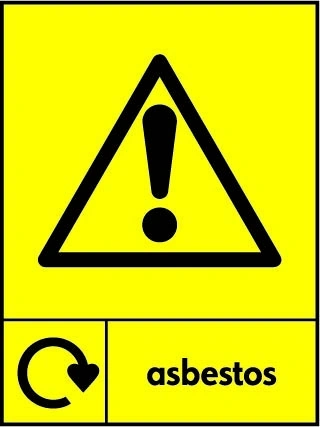 Asbestos sign showing black pictogram and wording on a yellow panel with a circular recycling arrow. Artwork HAZA0008.