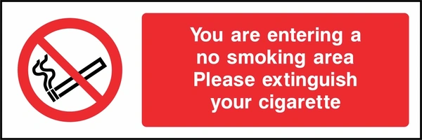 You are entering a no smoking area — Please extinguish your cigarette sign. red cigarette or naked-flame prohibition pictogram beside a red wording panel. Artwork SMOK0017.
