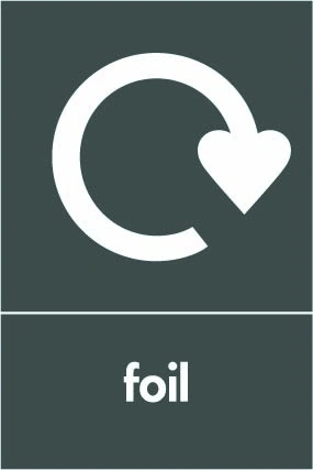 Foil recycling sign showing white recycling arrow and wording on a dark grey portrait panel. Artwork META0035.