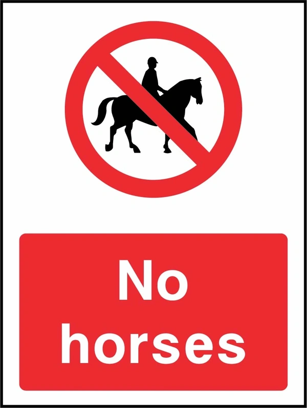 No horses sign showing red prohibition pictogram above wording. Artwork COUN0069.