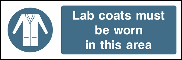 Lab coats must be worn in this area sign showing blue mandatory protective-equipment pictogram and wording. Artwork PROT0005.