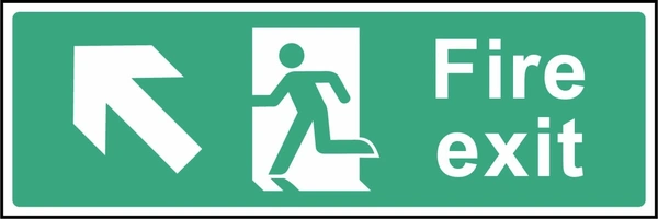 Green and white Fire exit sign with a up left arrow and running-person escape symbol. Letterbox artwork EMER0001.