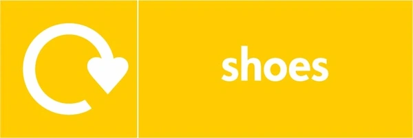Shoes recycling sign showing white recycling arrow and wording on a yellow letterbox panel. Artwork TEXT0003.