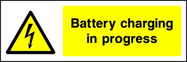 Battery charging in progress sign showing yellow electrical lightning bolt warning triangle beside wording. Artwork ELEC0031.