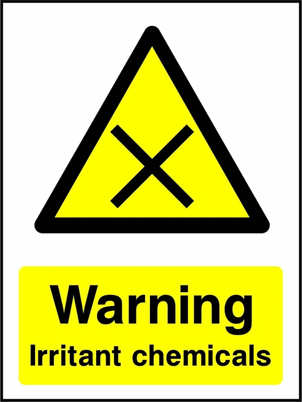 Warning — Irritant chemicals sign with yellow triangular black cross pictogram above wording. Artwork CHEM0064.