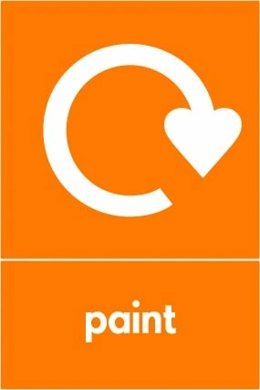 Paint collection-point artwork with a white recycling arrow and wording on orange. OTHE0047.