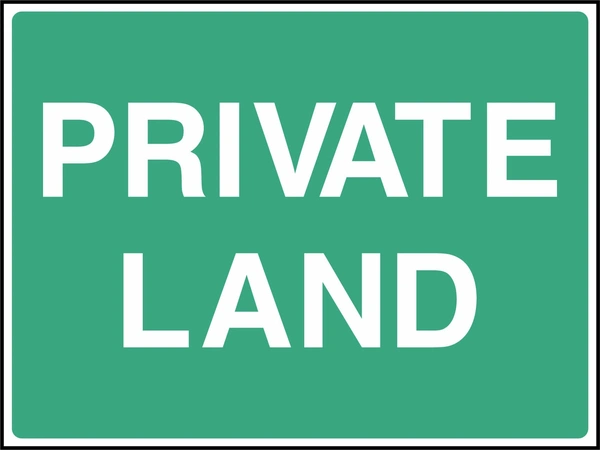 Private land sign showing white wording on a green panel. Artwork COUN0089.