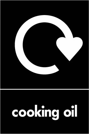 Cooking oil recycling sign showing white recycling arrow and wording on a black portrait panel. Artwork ORGA0013.