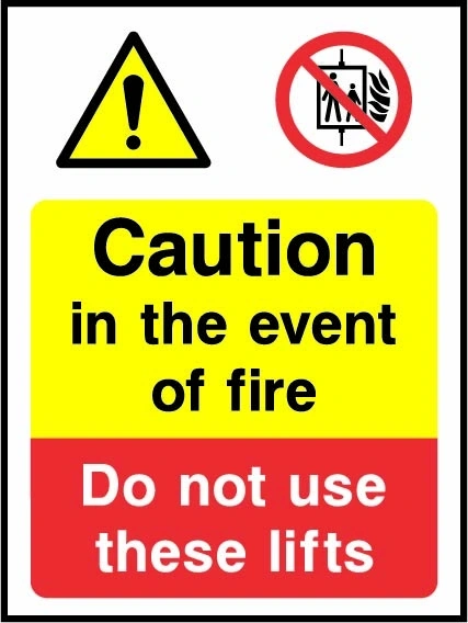 Caution — In the event of fire — Do not use these lifts sign showing collated warning and lift prohibition panels. Artwork LIFT0016.