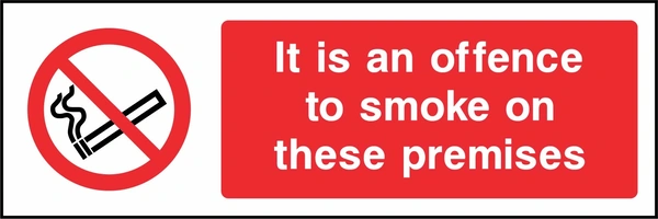 It is an offence to smoke on these premises sign. red cigarette or naked-flame prohibition pictogram beside a red wording panel. Artwork SMOK0036.