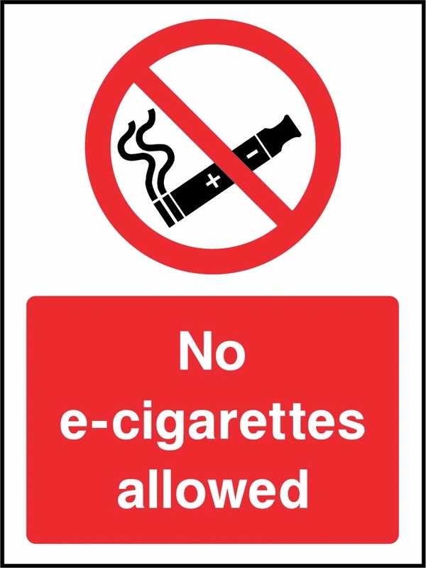 No e-cigarettes allowed sign. red prohibition pictogram above a red wording panel. Artwork SMOK0066.