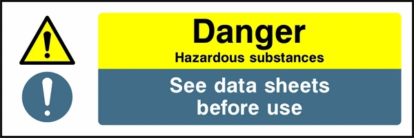Danger — Hazardous substances — See data sheets before use sign with combined yellow warning and blue mandatory instruction panels. Artwork CHEM0089.