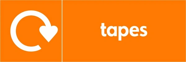 Tapes collection-point artwork with a white recycling arrow and wording on orange. OTHE0009.