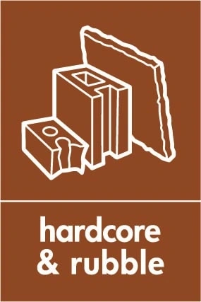 Hardcore & rubble recycling sign showing material illustration with white wording on brown. Artwork BUIL0028.