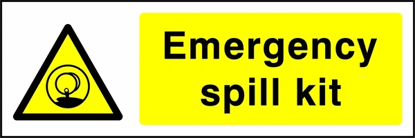 Emergency spill kit sign with yellow triangular spill kit pictogram beside wording. Artwork CHEM0044.