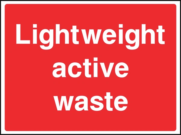 Large white lettering on a red background with Lightweight active waste wording. CONS0111 artwork.