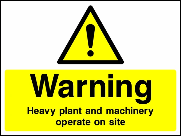 A black exclamation mark inside a yellow warning triangle above black wording on a yellow panel with Warning — Heavy plant and machinery operate on site wording. CONS0100 artwork.