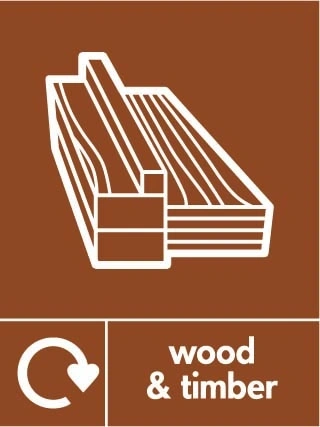 Wood & timber recycling sign showing recycling arrow and material illustration with white wording on brown. Artwork BUIL0040.