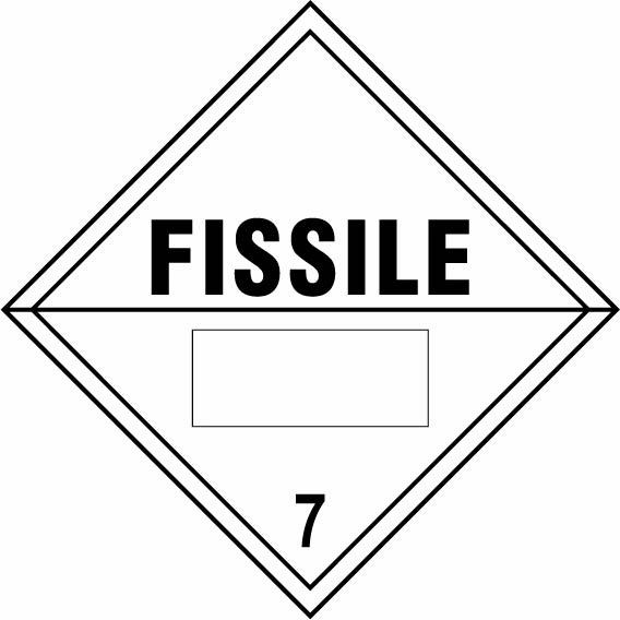 Fissile — 7 sign showing diamond-shaped dangerous-substance symbol with supplied colours and markings. Artwork DANG0028.