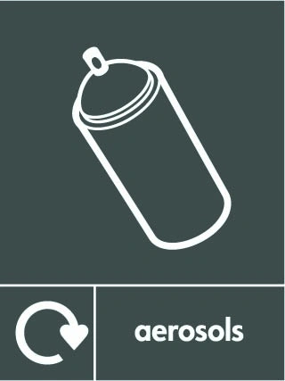 Aerosols recycling sign showing white recycling arrow, material illustration and wording on a dark grey portrait panel. Artwork META0054.