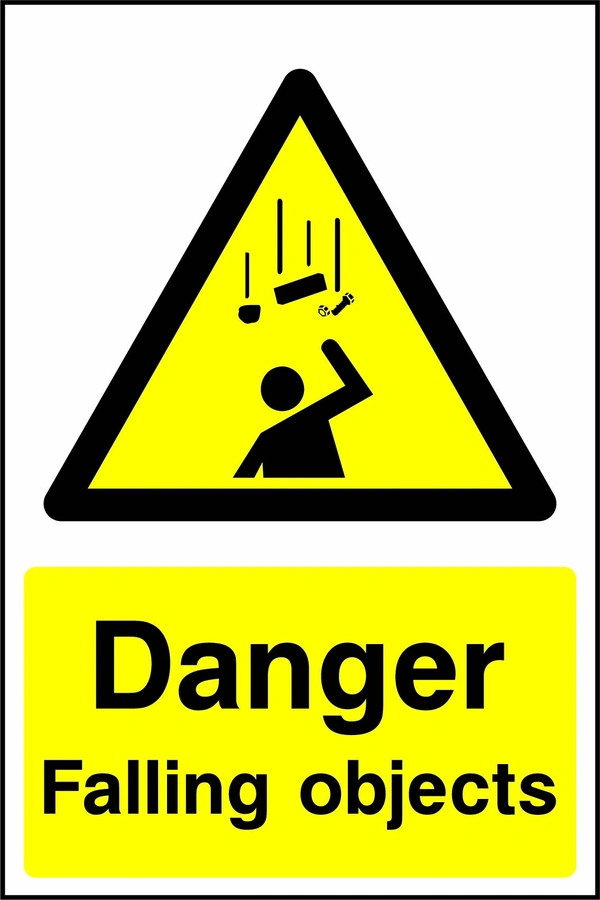 Yellow and black sign with a falling objects pictogram and Danger — Falling objects wording. CONS0029 artwork.