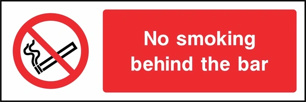 No smoking behind the bar sign. red cigarette or naked-flame prohibition pictogram beside a red wording panel. Artwork SMOK0022.