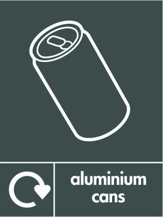 Aluminium cans recycling sign showing white recycling arrow, material illustration and wording on a dark grey portrait panel. Artwork META0055.