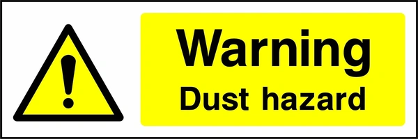 Warning — Dust hazard sign with yellow triangular exclamation mark pictogram beside wording. Artwork CHEM0026.