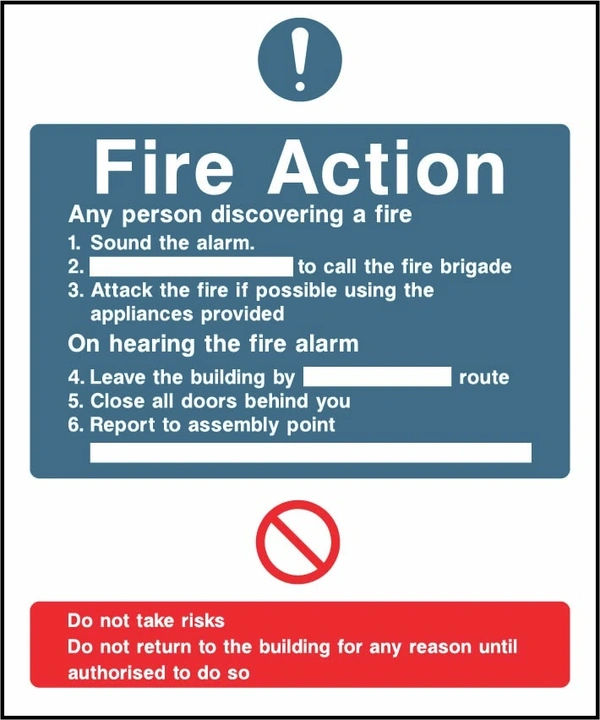 Fire Action printed notice with the original action instructions and layout. Artwork FACT0018.