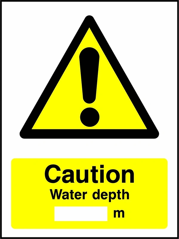 Caution — Water depth ___ m sign showing a yellow warning triangle above the printed water or coastal hazard message. Artwork WATE0050.