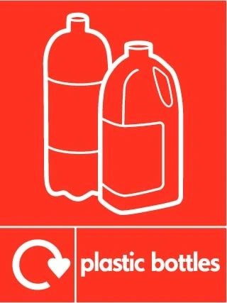 Plastic bottles recycling sign showing white recycling arrow and plastic illustration and wording on a red portrait panel. Artwork PLAS0028.