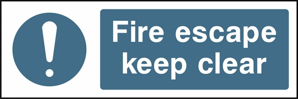 Fire escape keep clear sign showing blue exclamation pictogram beside wording. Artwork FPRV0033.