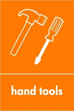 Hand tools collection-point artwork with a white item illustration and wording on orange. OTHE0056.