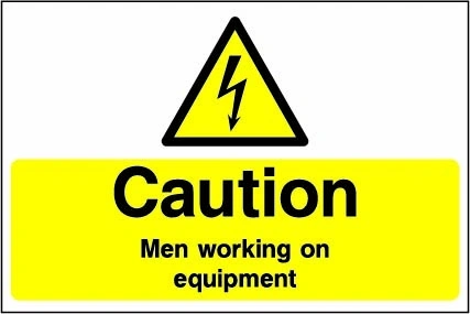 Caution — Men working on equipment sign showing yellow electrical lightning bolt warning triangle with wording. Artwork ELEC0066.