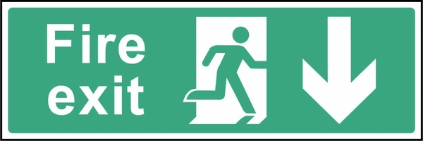 Green and white Fire exit sign with a down arrow and running-person escape symbol. Letterbox artwork EMER0008.