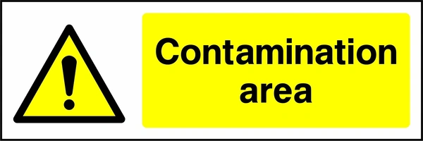 Contamination area sign with yellow triangular exclamation mark pictogram beside wording. Artwork CHEM0037.