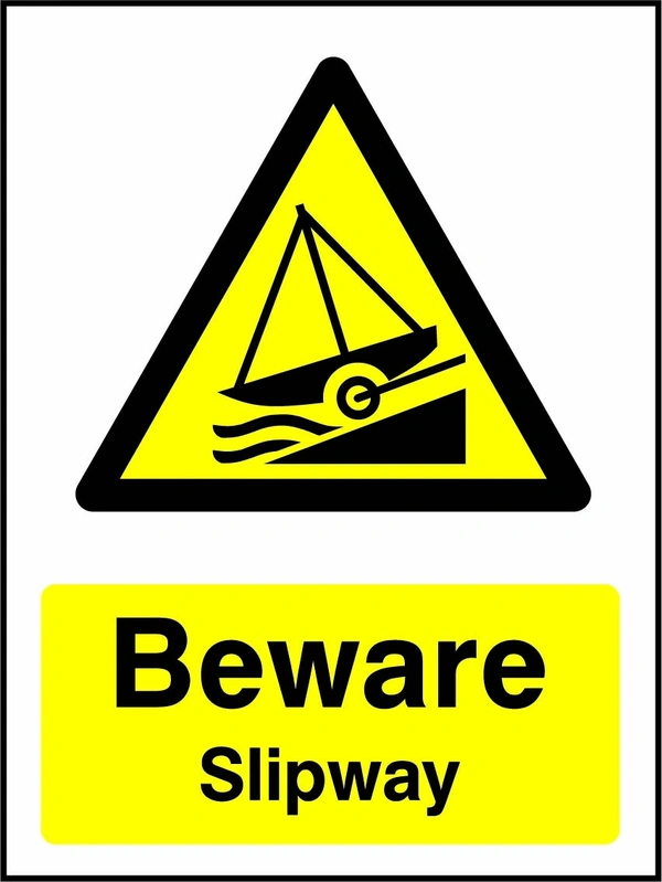 Beware — Slipway sign showing a yellow warning triangle above the printed water or coastal hazard message. Artwork WATE0030.